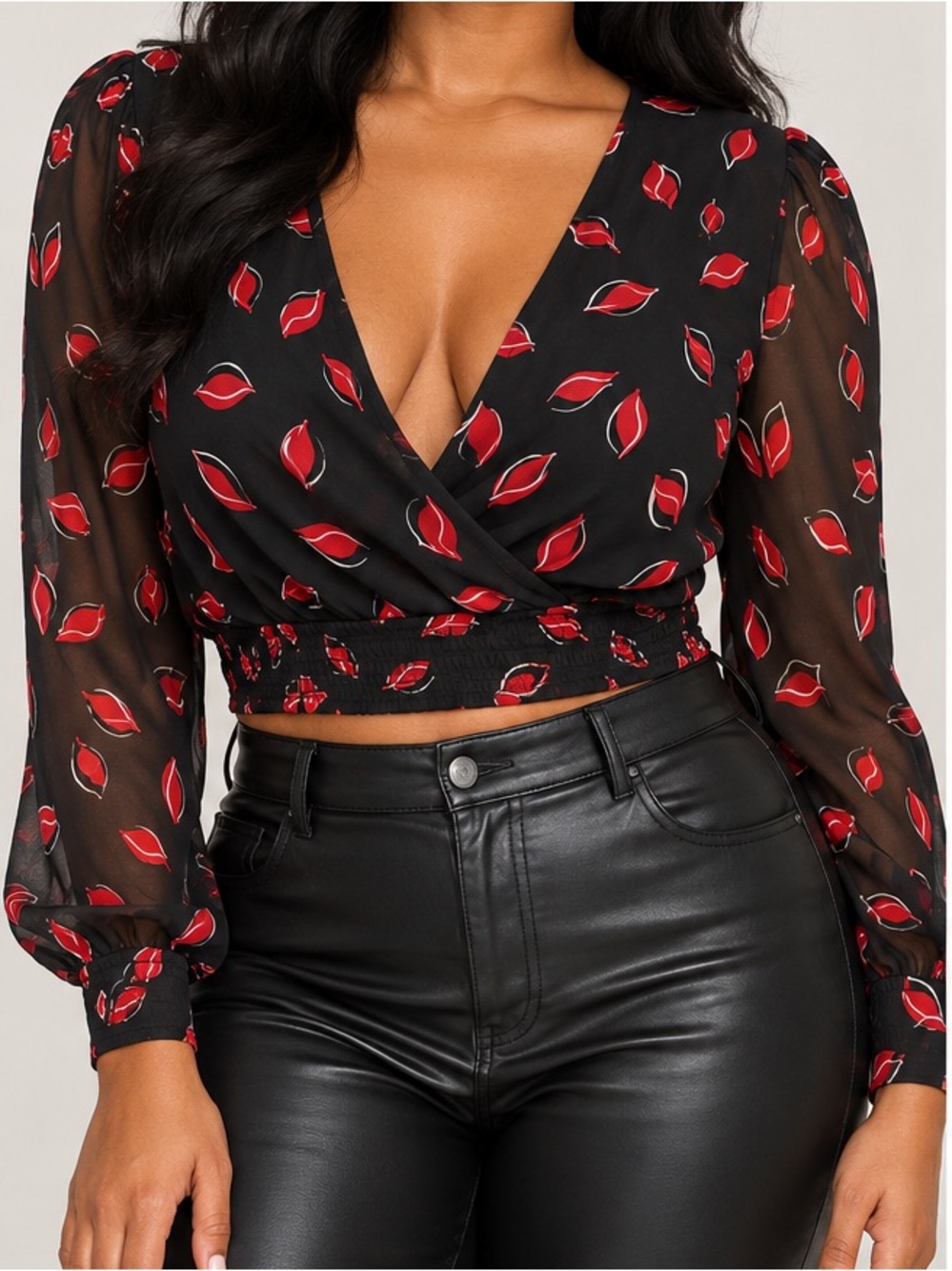 Express Black Long-Sleeve V-Neck Crop Top with Red Print